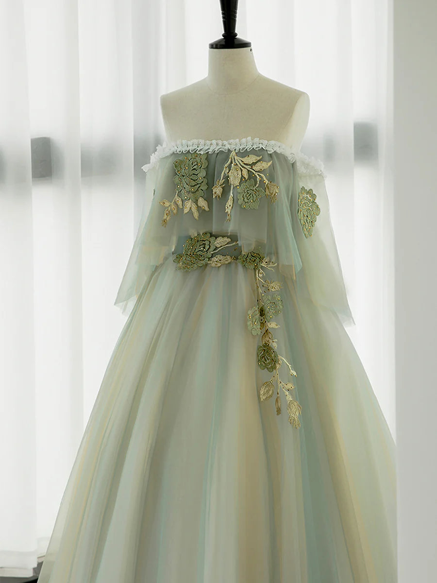 Green Tulle Floral Lace Off Shoulder Long Prom Dress Green Evening Party Dress