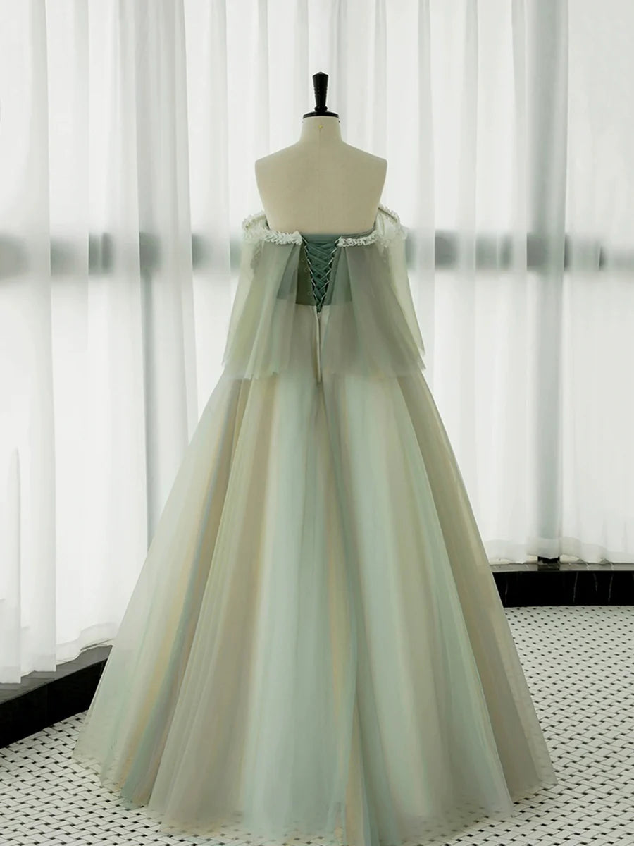 Green Tulle Floral Lace Off Shoulder Long Prom Dress Green Evening Party Dress