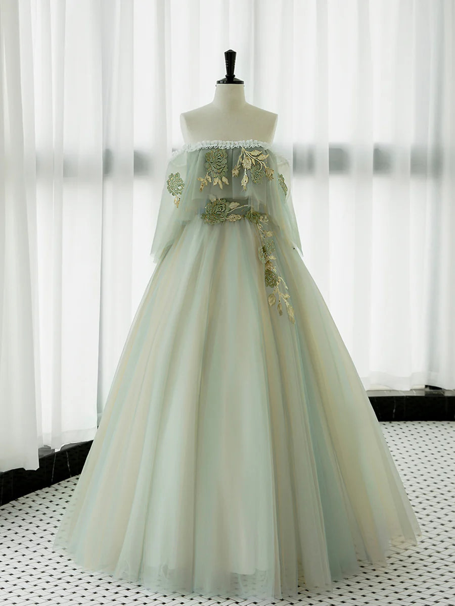 Green Tulle Floral Lace Off Shoulder Long Prom Dress Green Evening Party Dress