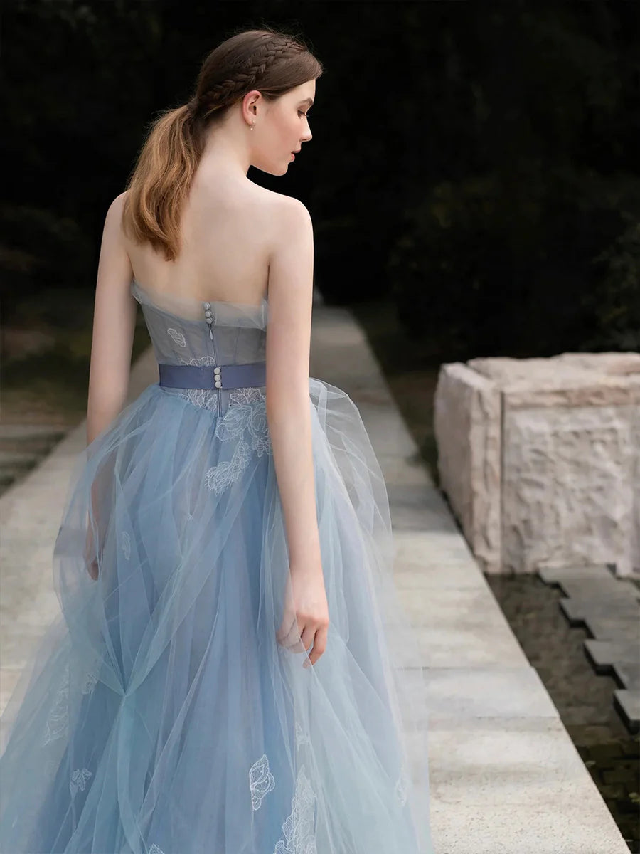 Grey-Blue Tulle Lace Printing Strapless A-Line Long Prom Dress Evening Party Dress