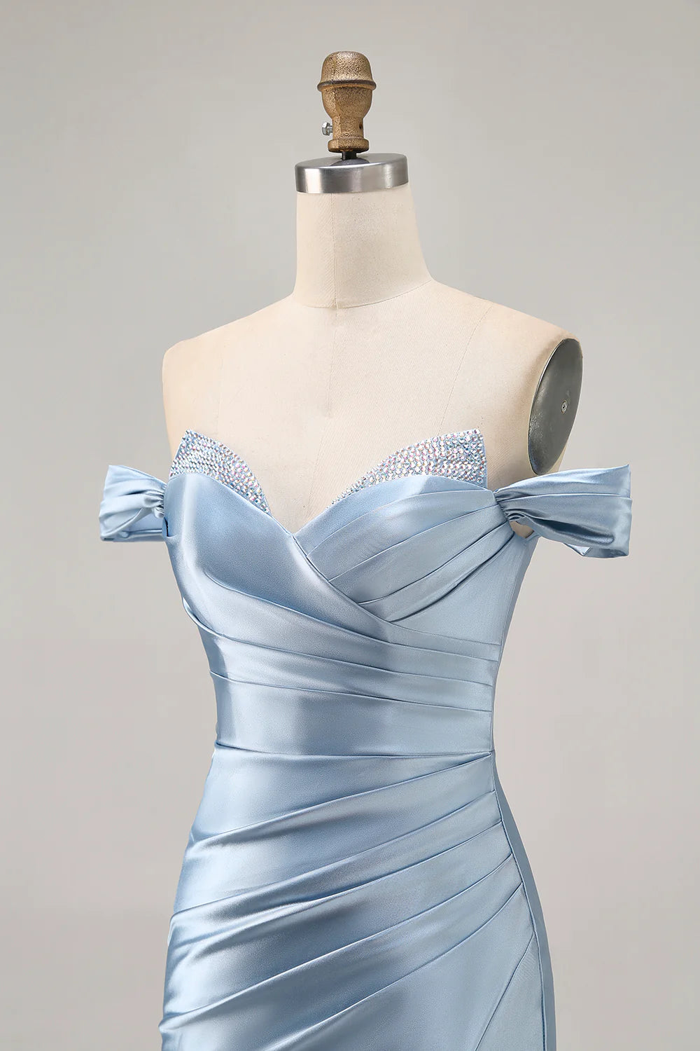 Grey Blue Satin Off The Shoulder Ruched Bodycon Slit Homecoming Dress Grey Blue Short Party Dress