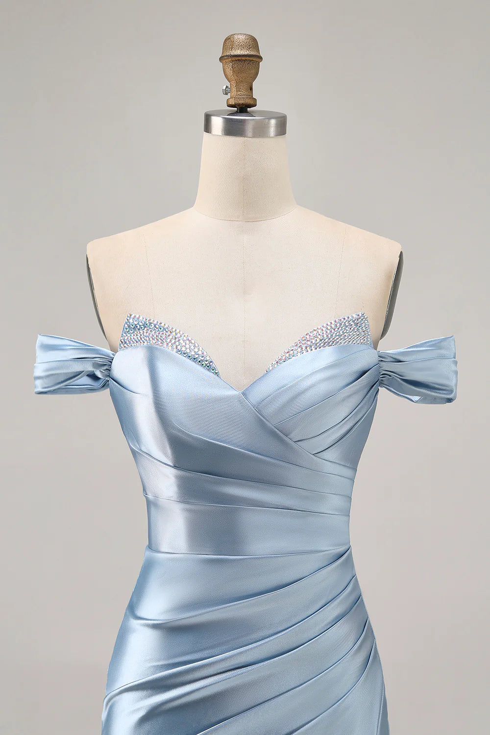 Grey Blue Satin Off The Shoulder Ruched Bodycon Slit Homecoming Dress Grey Blue Short Party Dress