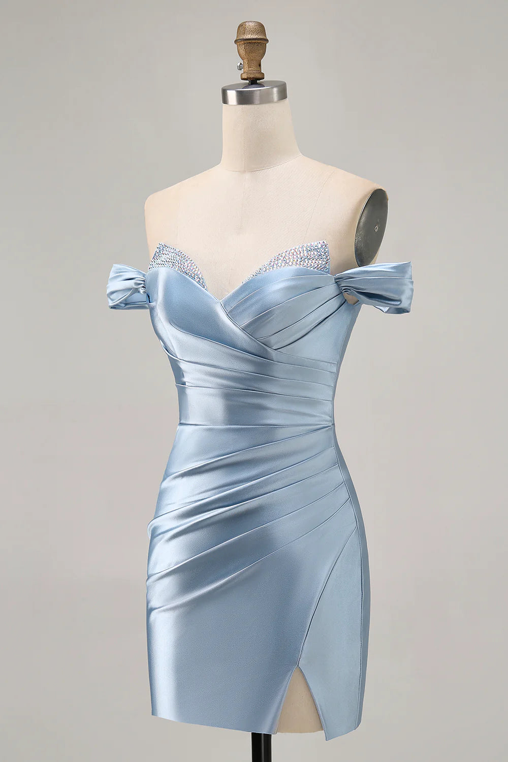 Grey Blue Satin Off The Shoulder Ruched Bodycon Slit Homecoming Dress Grey Blue Short Party Dress