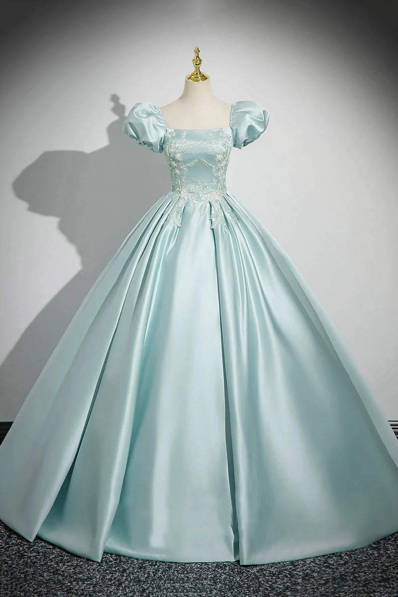Ice Blue Satin Applique Square Neck Short Sleeve A-Line Long Prom Dres