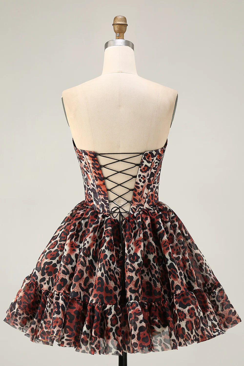 Leopard Khaki Sweetheart Collar Off the Shoulder Corset A Line Mini Homecoming Dress Party Dress