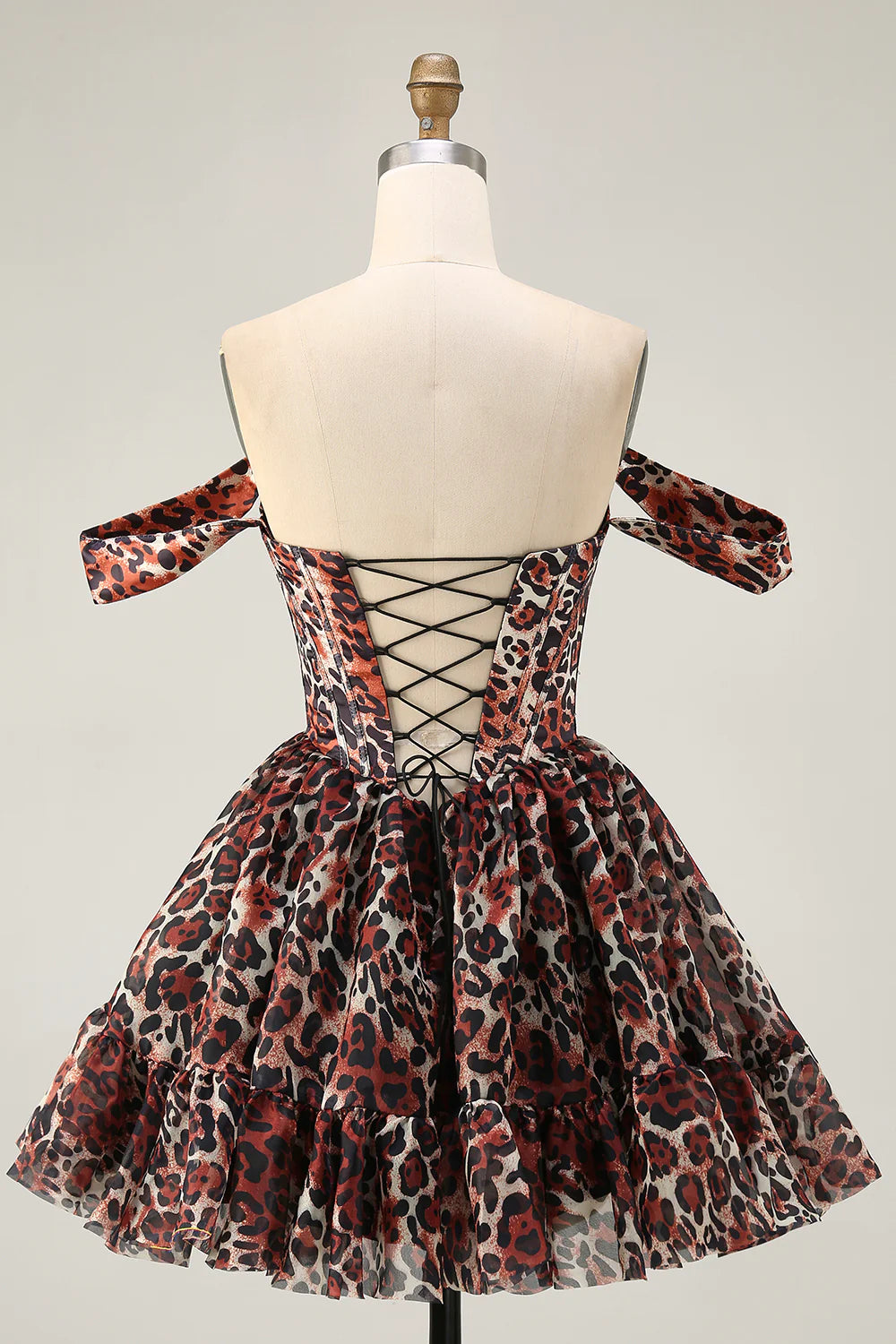 Leopard Khaki Sweetheart Collar Off the Shoulder Corset A Line Mini Homecoming Dress Party Dress