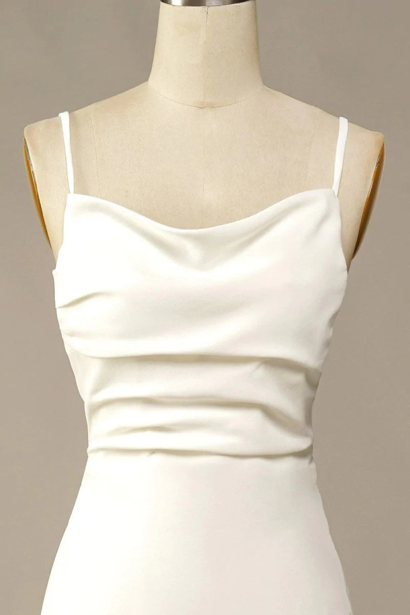 Mermaid Simple Ivory Satin Soft Spaghetti Straps Long Beach Wedding Dresses With Sweep Train