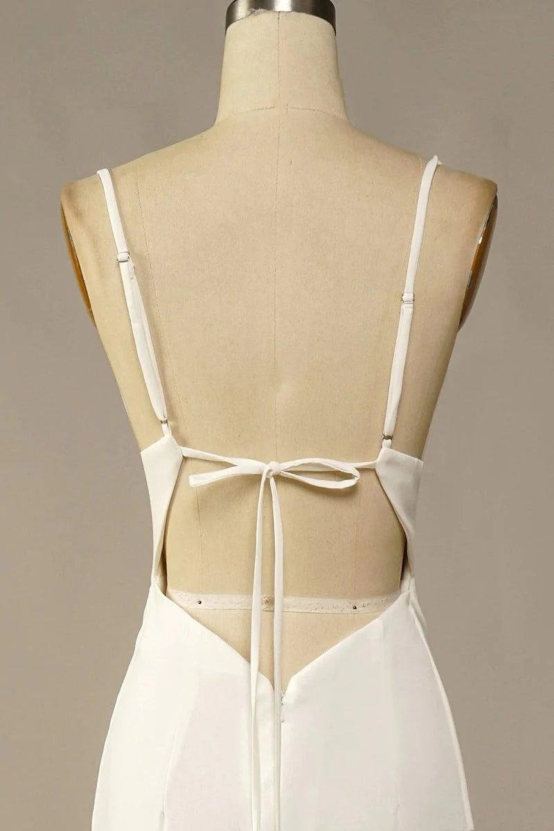 Mermaid Simple Ivory Satin Soft Spaghetti Straps Long Beach Wedding Dresses With Sweep Train
