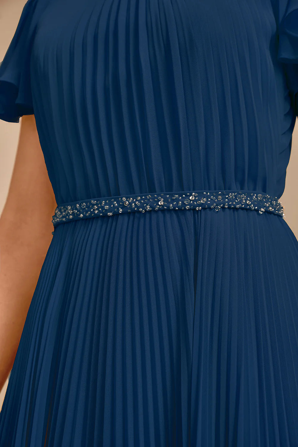 Navy Beaded Pleated Round Neck A-Line Long Mother of Bride Dress With Short Sleeves
