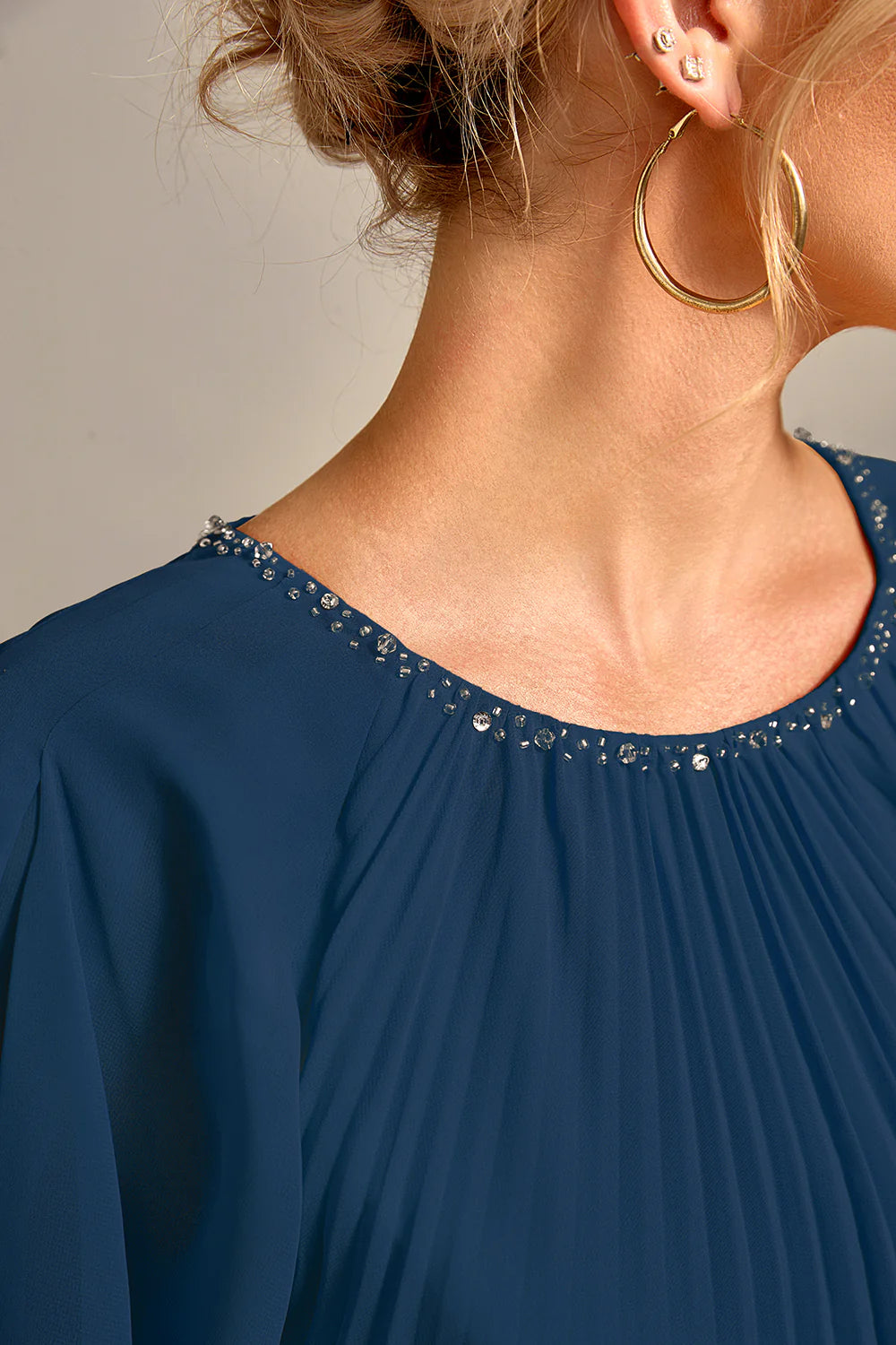 Navy Beaded Pleated Round Neck A-Line Long Mother of Bride Dress With Short Sleeves