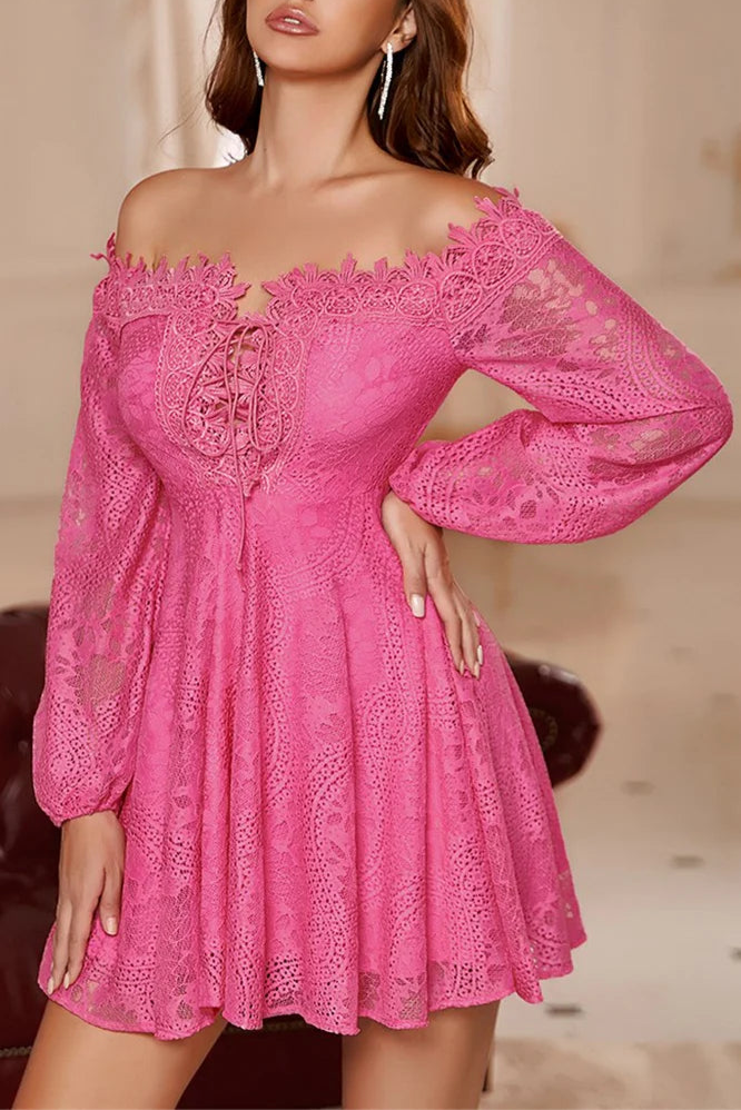 Off-White Lace Off-the-Shoulder Long Sleeve Open Back A-Line Short Lace Up Party Dress