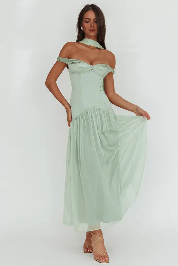 Off Shoulder Drop Waist Sage Maxi Homecoming Dress Prom Dress With Str