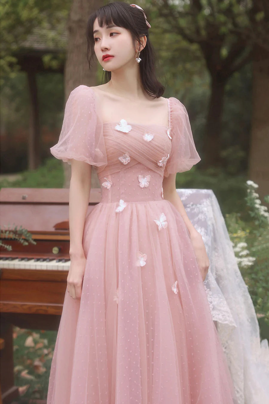 Pink Tulle With Butterfly Short Sleeve A-Line Long Prom Dresses Party Dresses