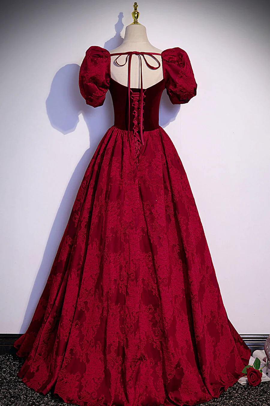 Pretty A-Line Short Sleeve Jacquard Satin Velvet Burgundy Long Prom Dress Evening Dress