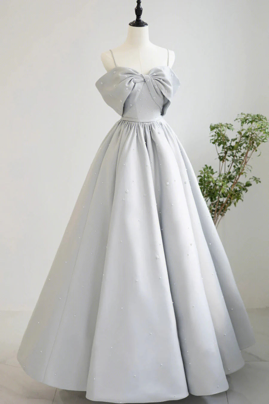 Pretty A-Line Spaghetti Straps Bow Satin Gray Long Prom Dress With Pearls