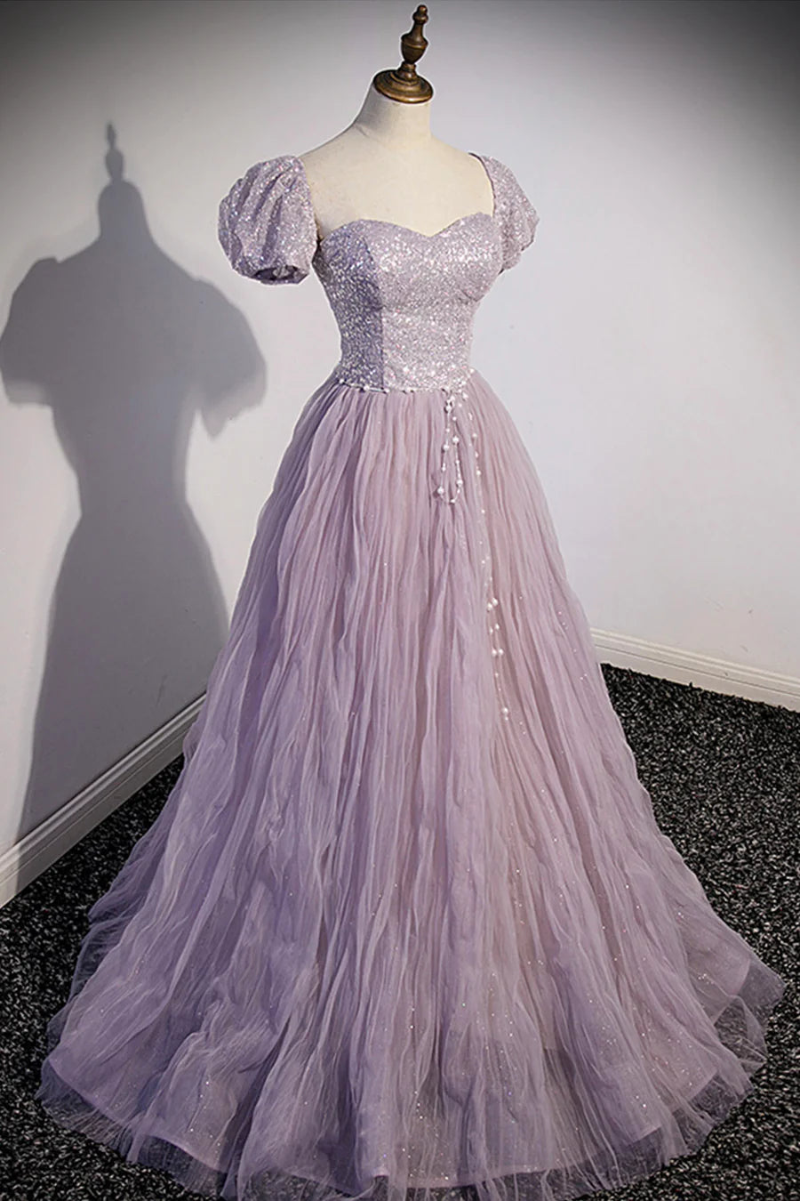 Purple Tulle Sequins With Beaded A-Line Floor Length Prom Dress Evening Party Dress