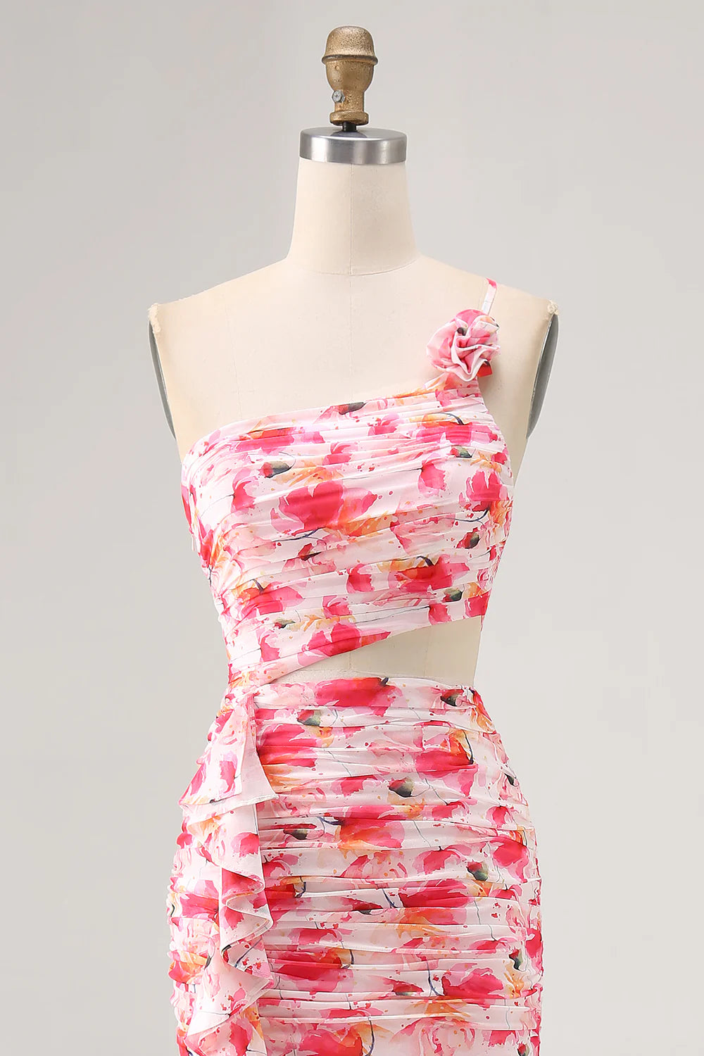 Red Cut Out One Shoulder Printed Floral Sheath Wedding Guest Dress Ruffles Party Dress