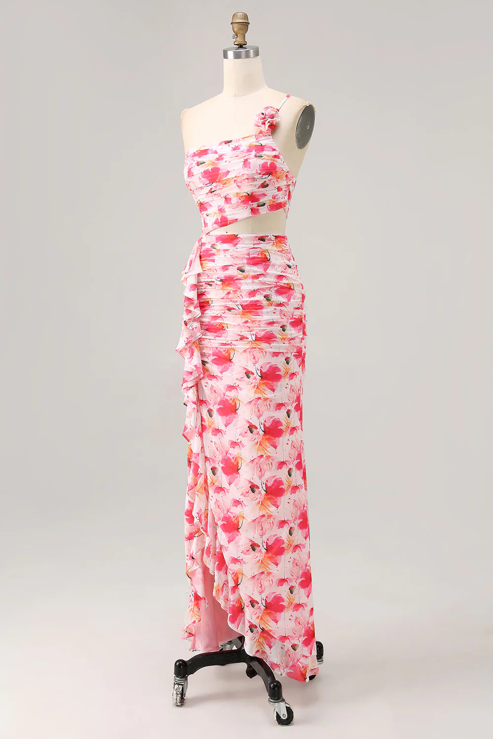 Red Cut Out One Shoulder Printed Floral Sheath Wedding Guest Dress Ruffles Party Dress