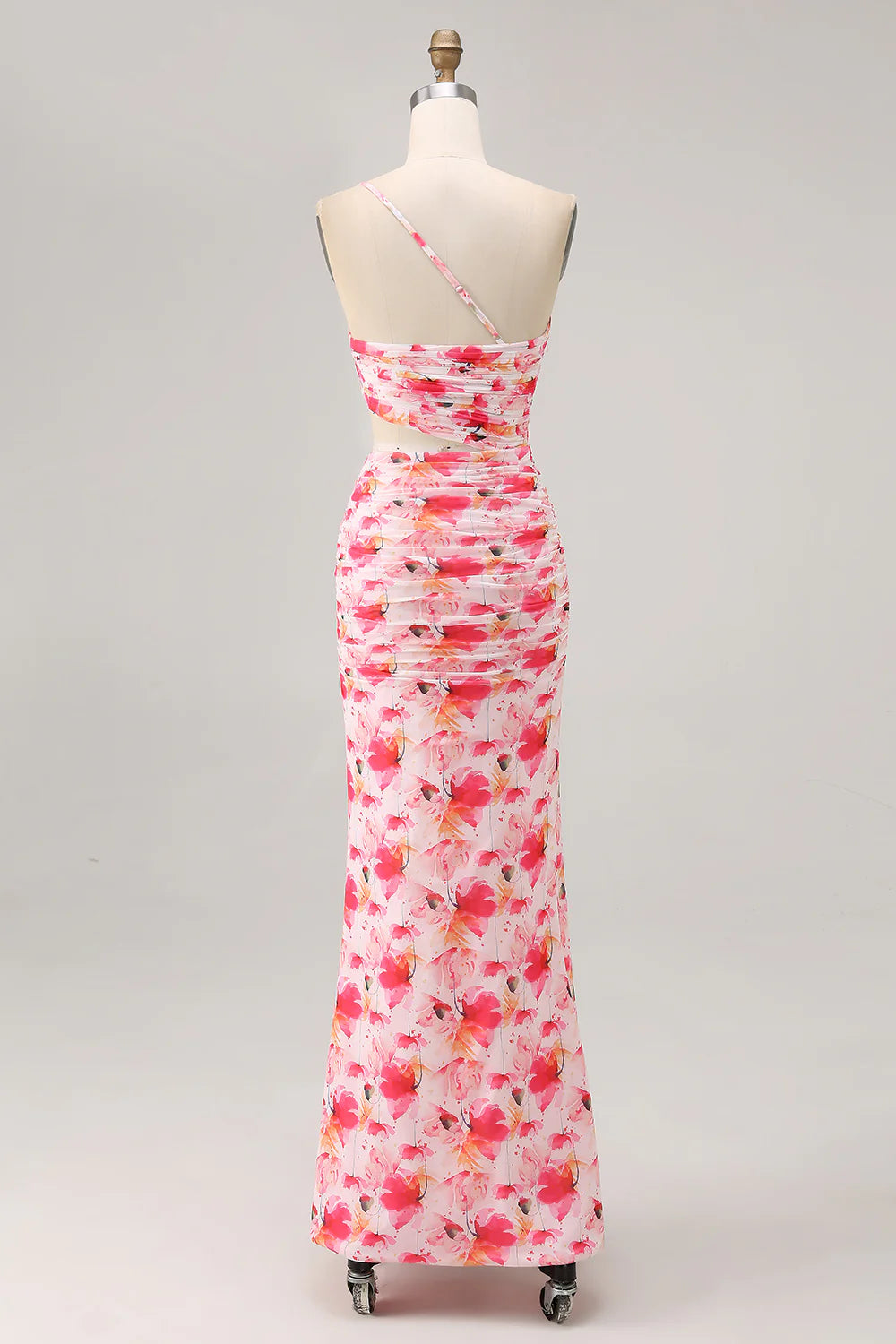 Red Cut Out One Shoulder Printed Floral Sheath Wedding Guest Dress Ruffles Party Dress