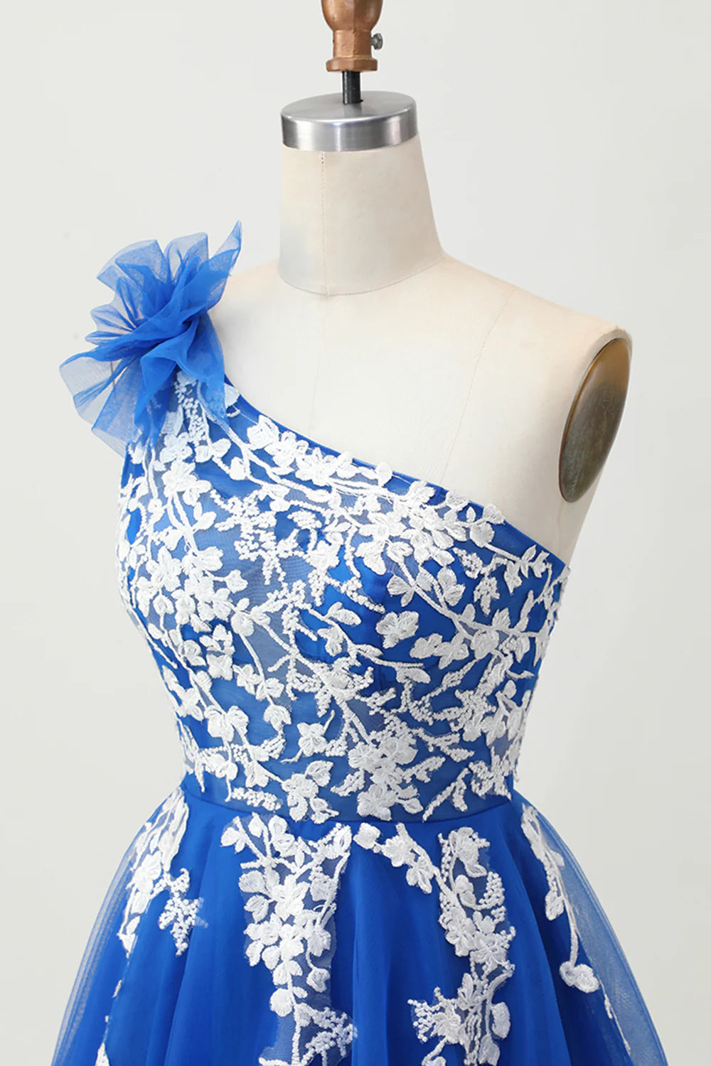 Royal Blue Tulle With Applique A-Line One Shoulder Short Lace Up Back Homecoming Dress Party Dress