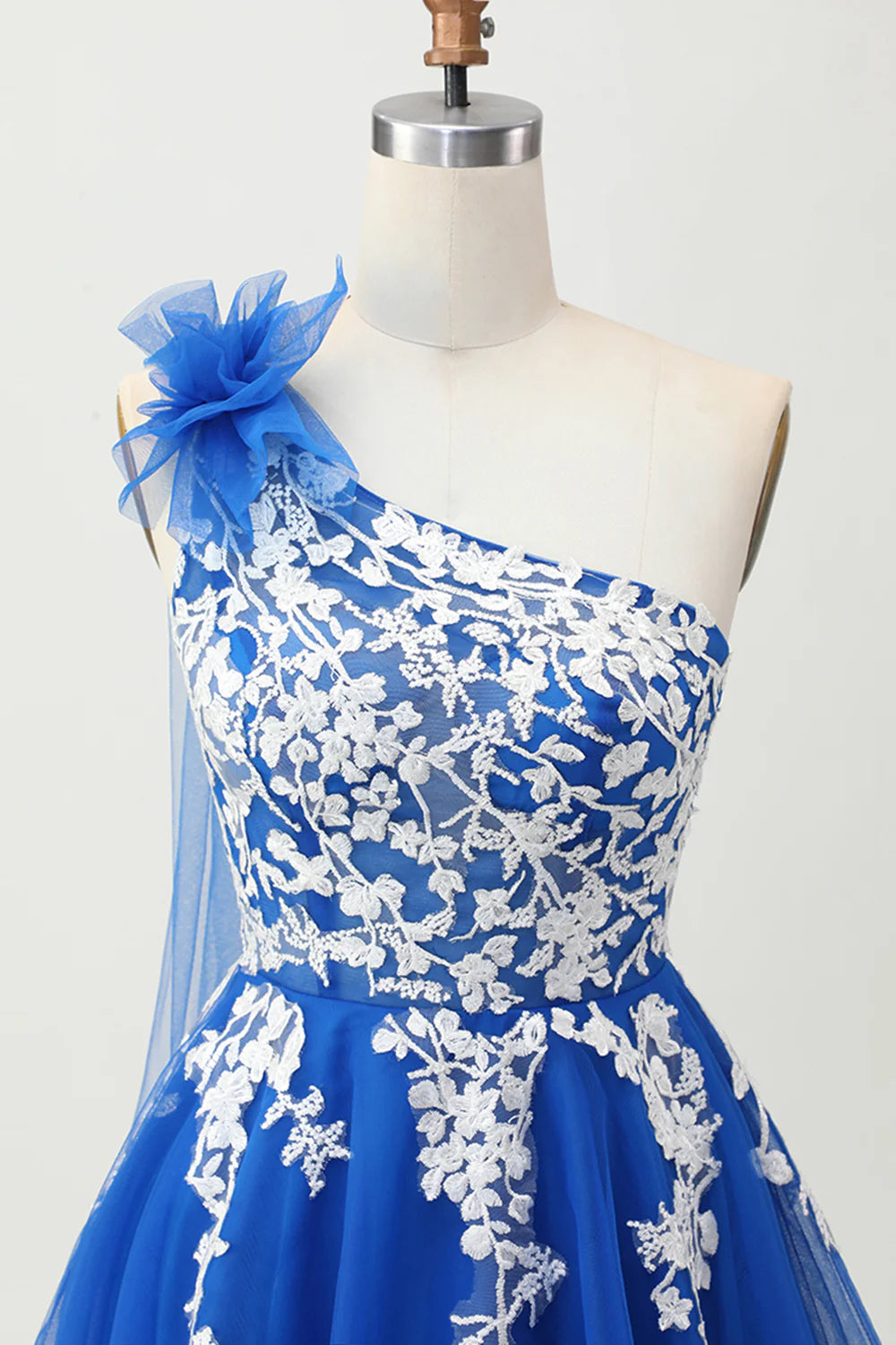 Royal Blue Tulle With Applique A-Line One Shoulder Short Lace Up Back Homecoming Dress Party Dress