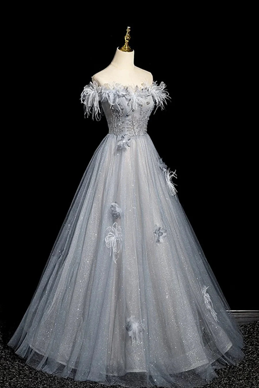 Shiny Gray Blue Tulle Off the Shoulder Sequins Long Prom Dress Evening Party Dress