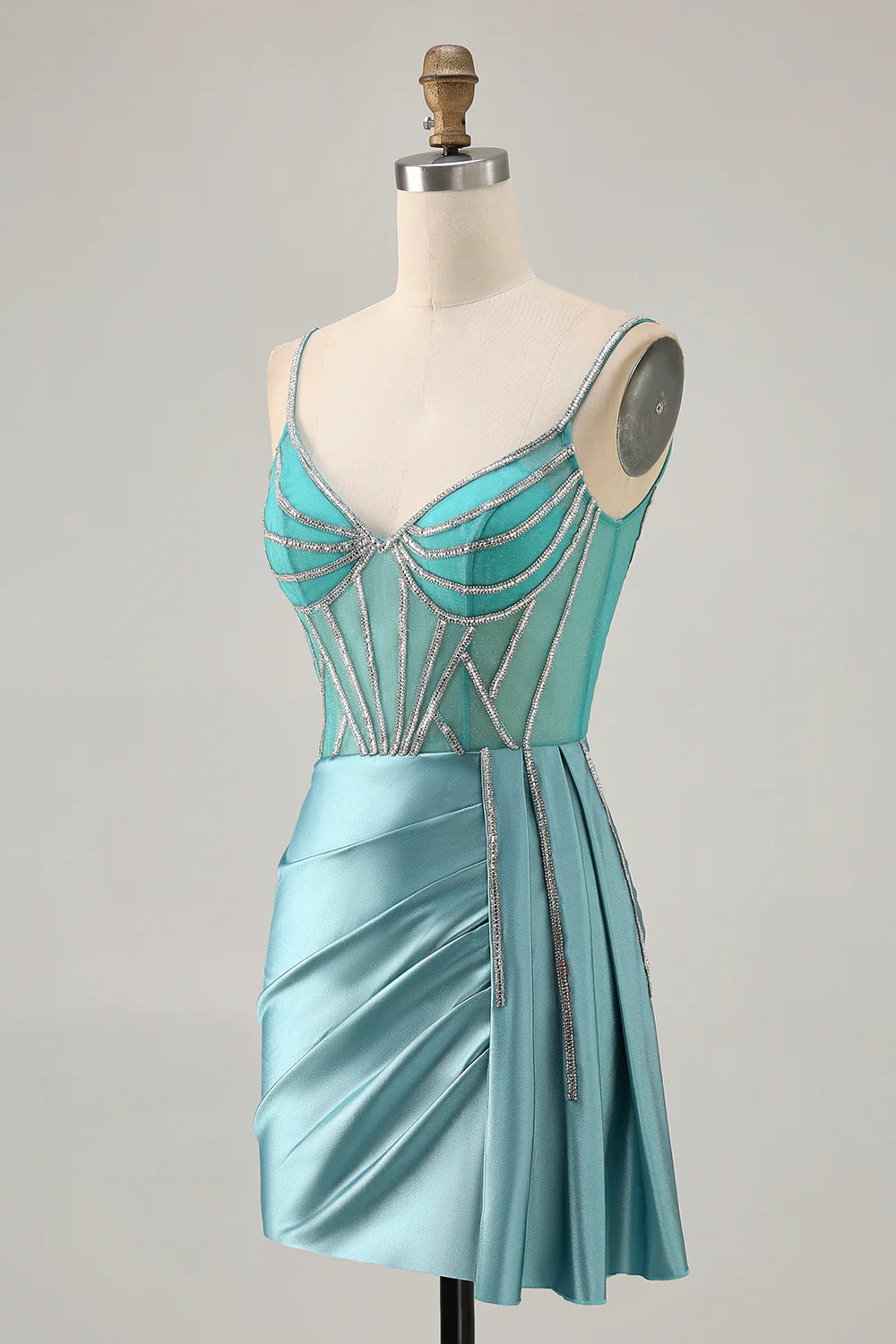 Sparkly Green Satin Bodycon Beaded V Neck Short Homecoming Party Dress With Streamer