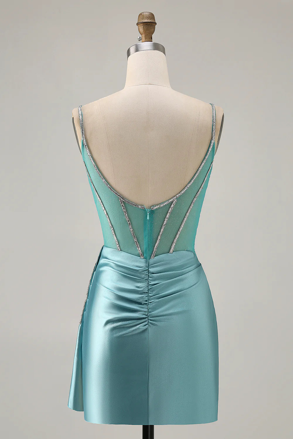 Sparkly Green Satin Bodycon Beaded V Neck Short Homecoming Party Dress With Streamer