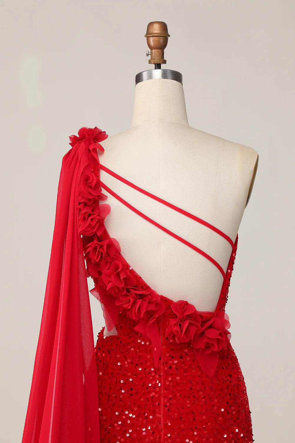 Sparkly Red Sequin One Shoulder Cut Out Tight Short Homecoming Party Dress With Streamer