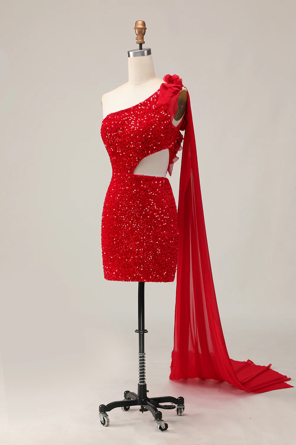 Sparkly Red Sequin One Shoulder Cut Out Tight Short Homecoming Party Dress With Streamer