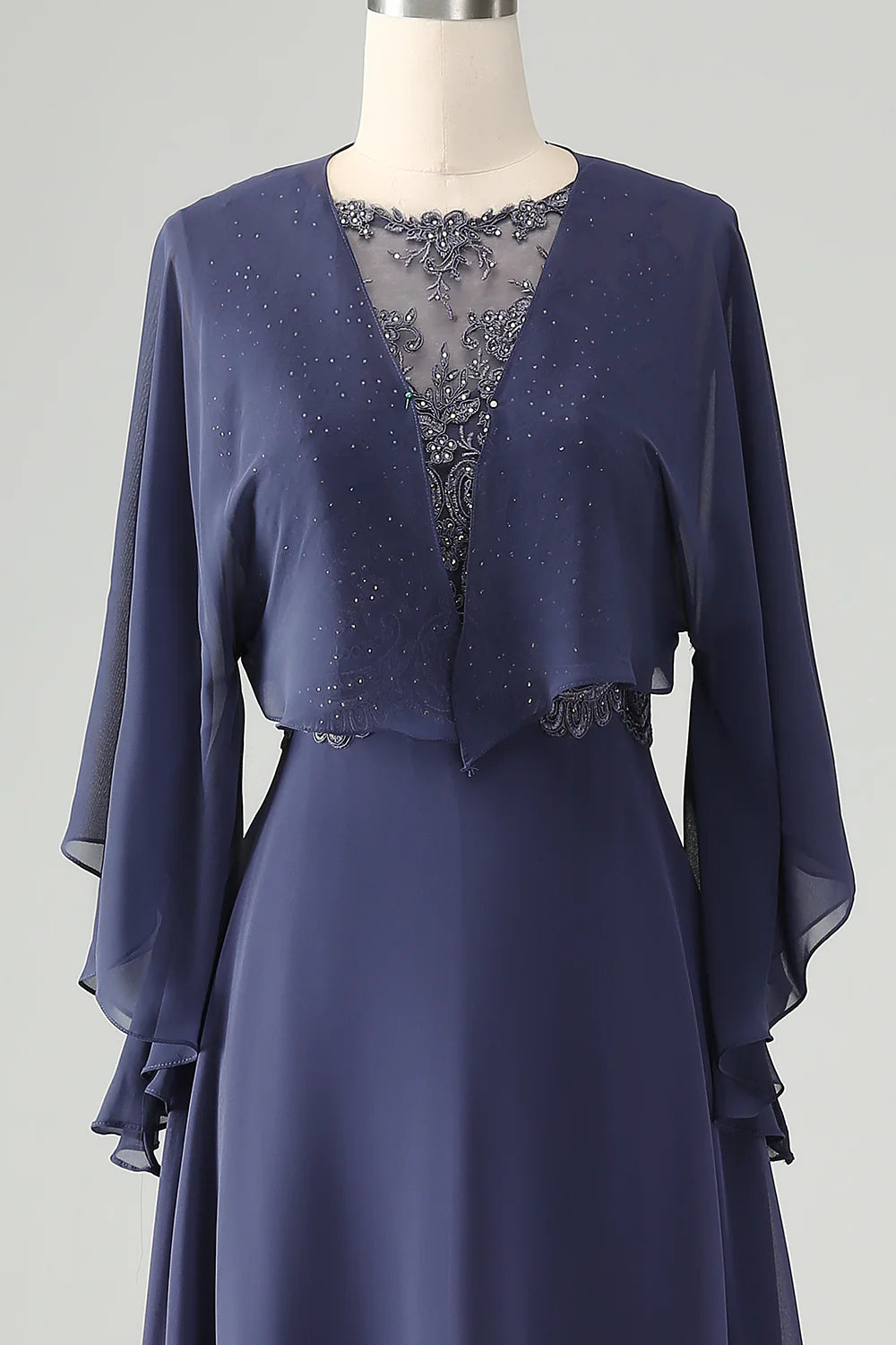 Twilight Beaded Applique Hollow Round Neck A Line Long Mother of Bride Dress With Shawl
