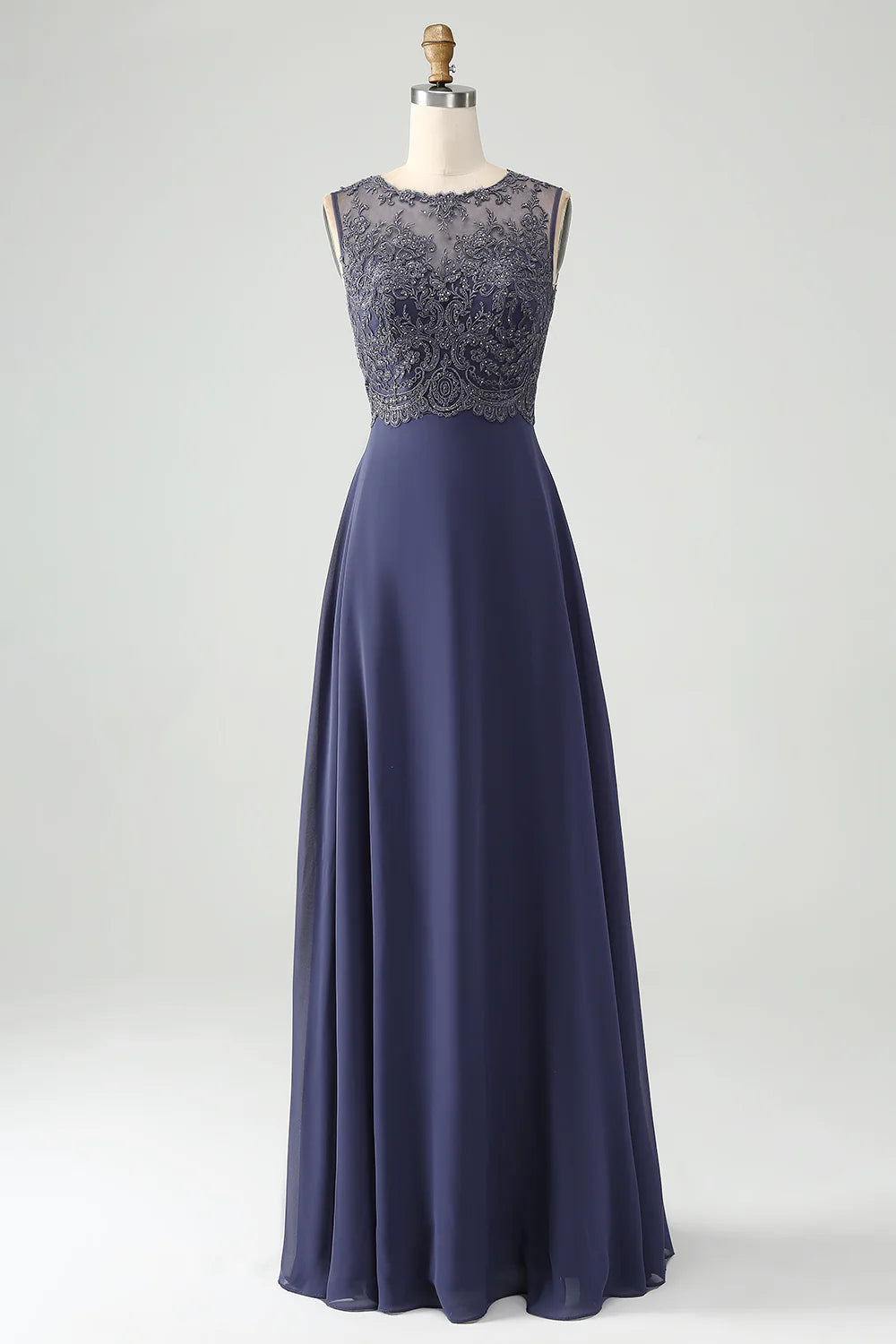 Twilight Beaded Applique Hollow Round Neck A Line Long Mother of Bride Dress With Shawl
