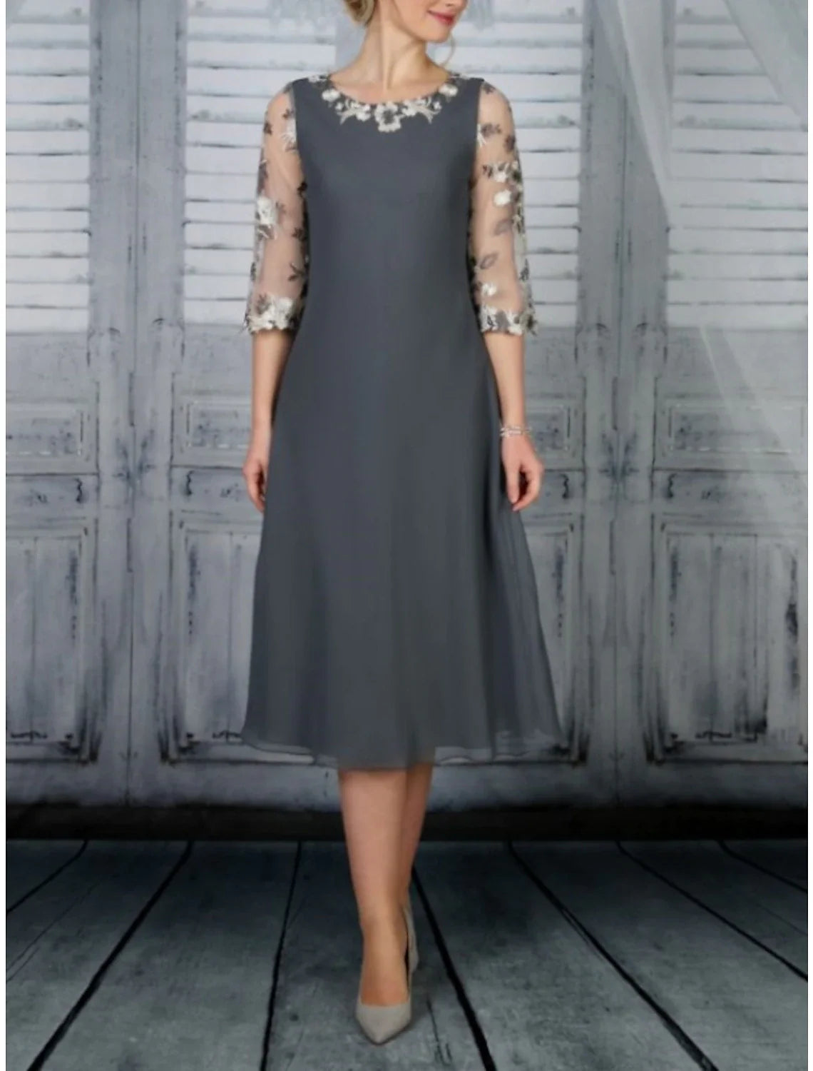 Sheath / Column Mother of the Bride Dress Wedding Guest Party Elegant Scoop Neck Tea Length Chiffon Lace Half Sleeve with Ruffles