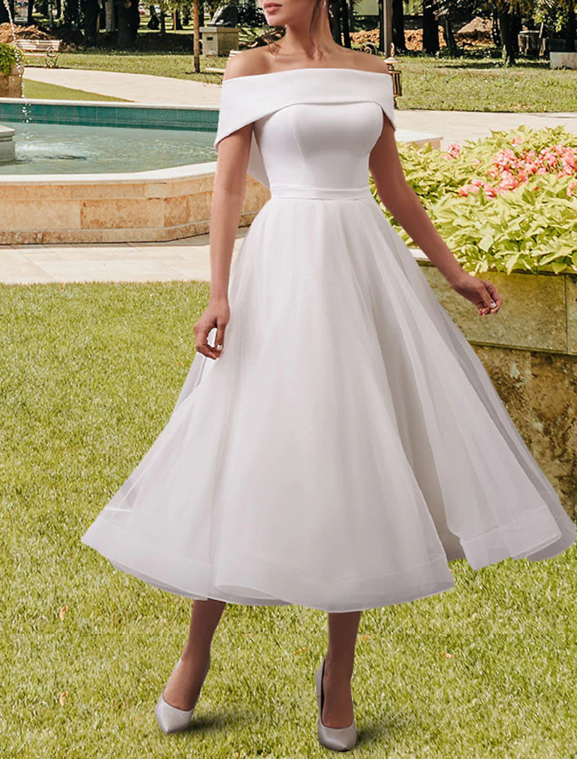Reception Little White Dresses Wedding Dresses A-Line Off Shoulder Cap Sleeve Tea Length Satin Bridal Gowns With Sashes / Ribbons