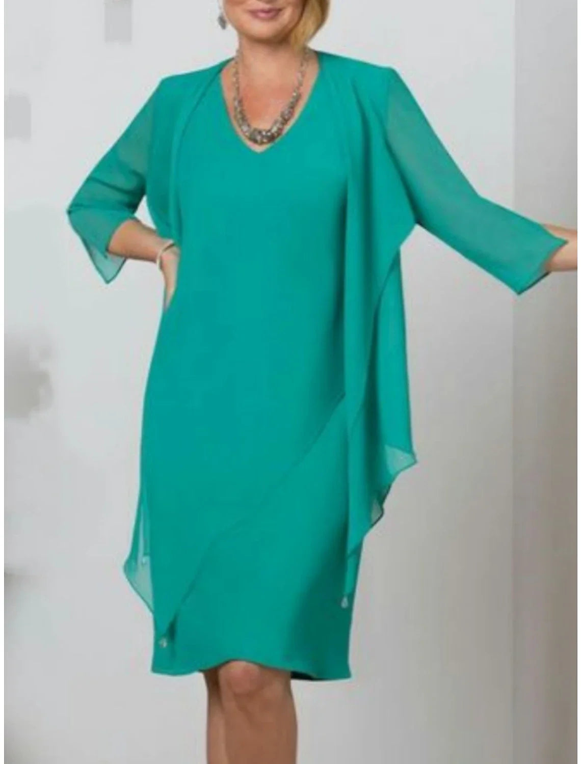 Two Piece Mother of the Bride Dress Fall Wedding Guest Simple Elegant V Neck Knee Length Chiffon 3/4 Length Sleeve