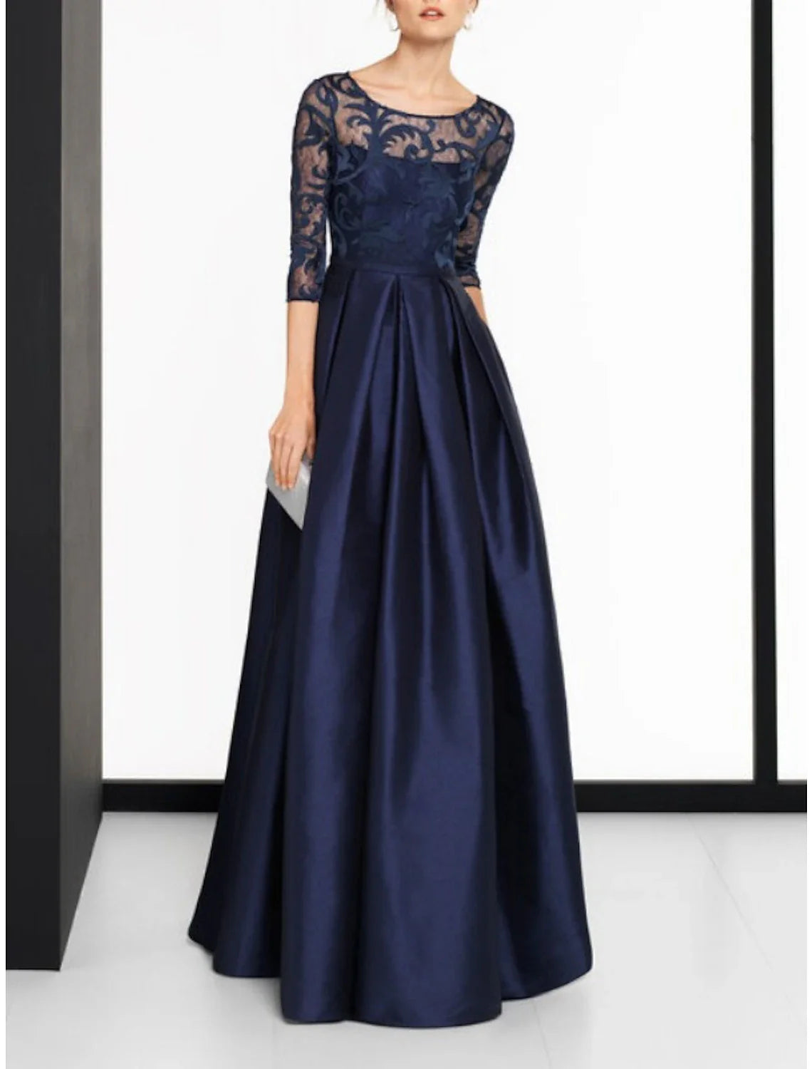 A-Line Mother of the Bride Dress Wedding Guest Vintage Elegant Jewel Neck Floor Length Satin Lace 3/4 Length Sleeve with Pleats