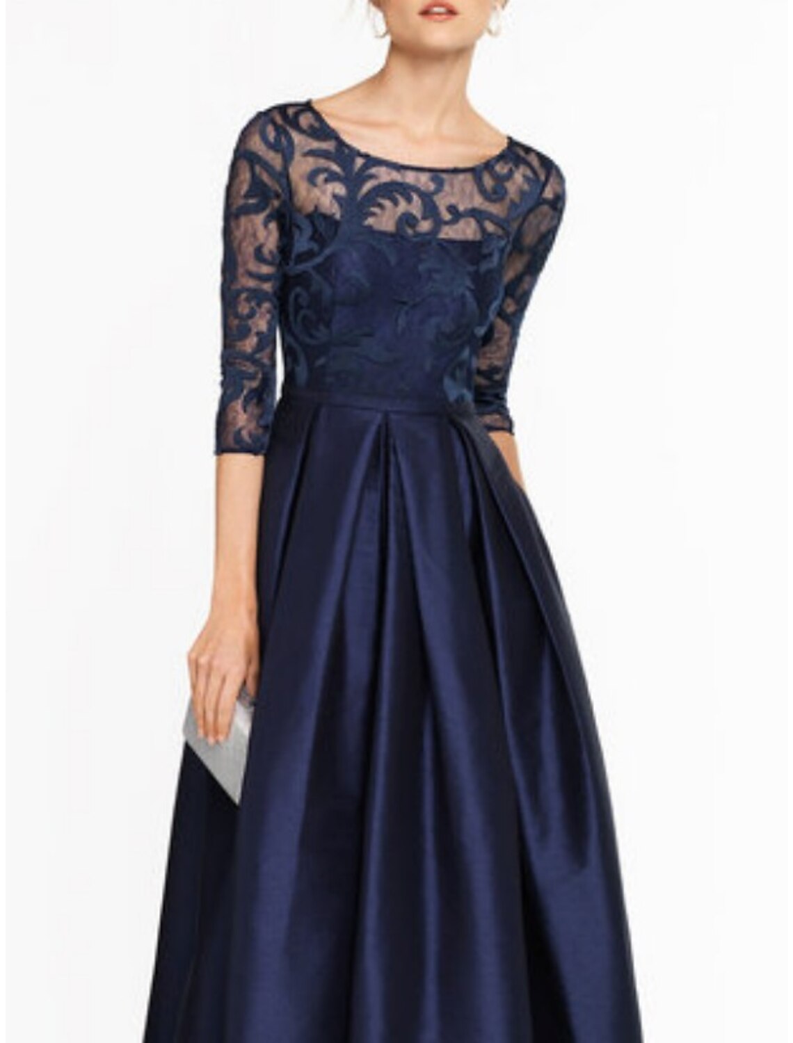 A-Line Mother of the Bride Dress Wedding Guest Vintage Elegant Jewel Neck Floor Length Satin Lace 3/4 Length Sleeve with Pleats