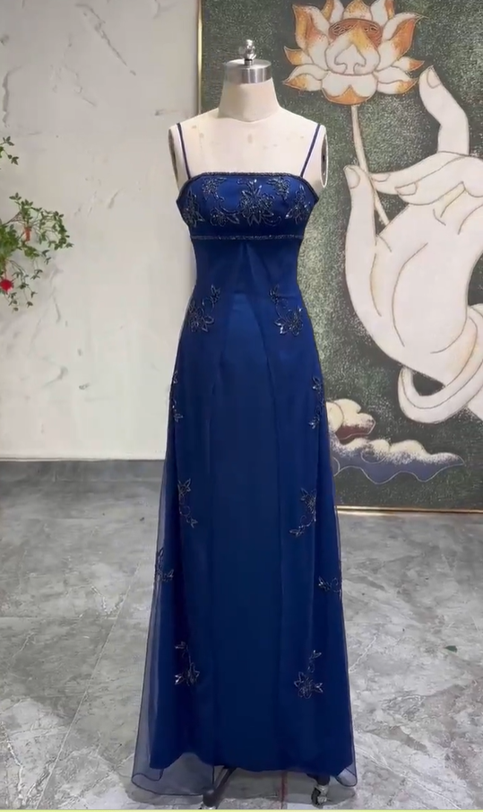 Navy Blue Retract Your Waist Vintage Party Dress Spaghetti strap Prom Dress