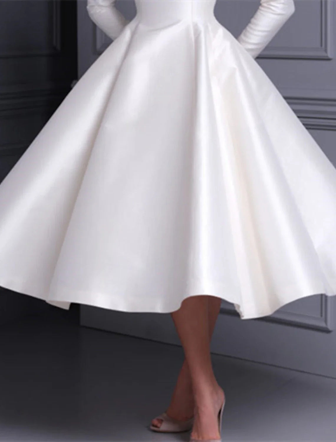 Bridal Shower Wedding Dresses Vintage 1940s / 1950s Little White Dresses A-Line Scoop Neck Long Sleeve Tea Length Satin Bridal Gowns