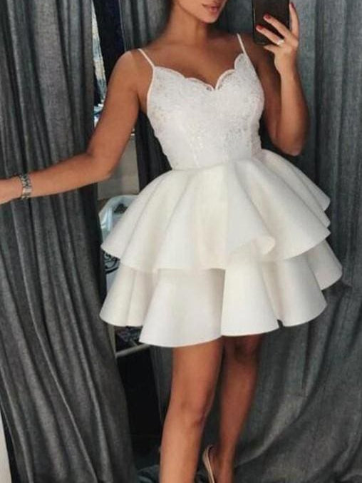 Bridelily A-Line Spaghetti Straps Satin Sleeveless Homecoming Dresses With Ruffles