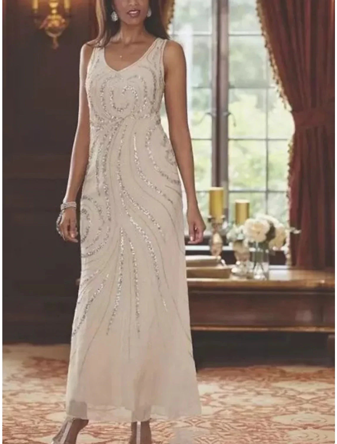 Two Piece Sheath / Column Mother of the Bride Dress Fall Wedding Guest Sparkle & Shine Elegant V Neck Ankle Length Chiffon Sequined Long Sleeve with Sequin
