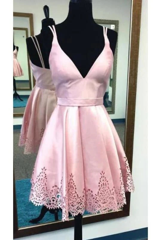 Sweet Short V neck Prom Dress A-line Spaghetti Straps Pink Satin Homecoming Dress