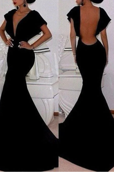 Deep V-Neck Bridelily Black Velvet Prom Dresses Short Sleeve Elegant Mermaid Evening Gowns