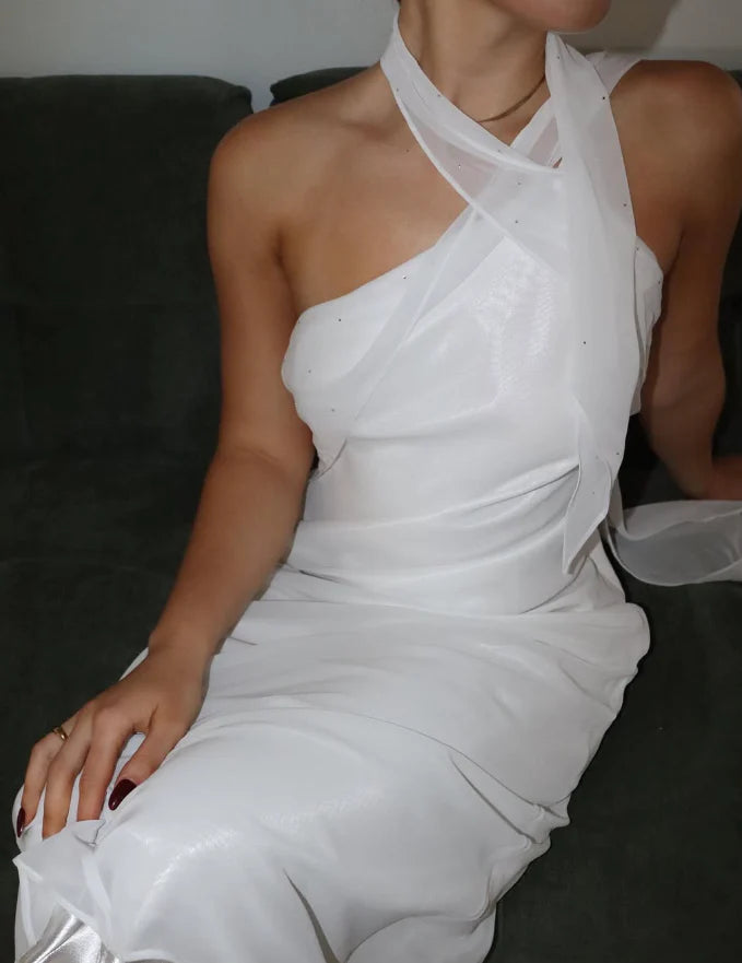 One Shoulder White Chiffon Long Prom Dress Elegant Sheath Evening Dress