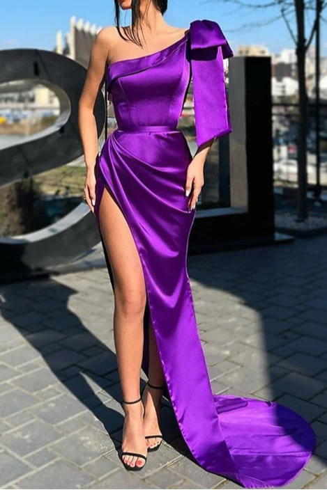 Purple One Shoulder Long Mermaid Retract Your Waist Evening Dress With Split
