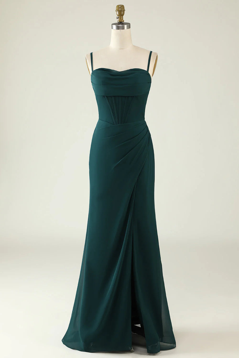 Dark Green Spaghetti Straps Slim-fit Wedding Guest Dress With Slit