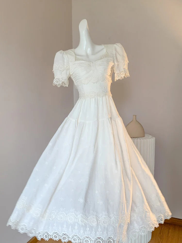 Cute White Square Neck A-Line Lace Applique Party Dresses Birthday Evening Gowns