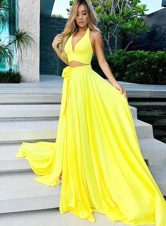 Yellow v neck two pieces long prom dress Show waist evening dress