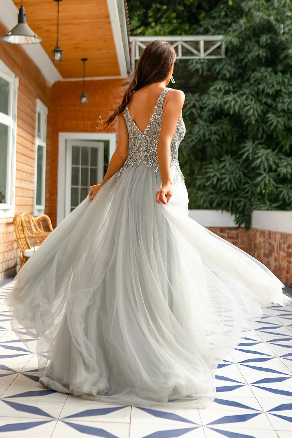 Grey Gorgeous A Line V Neck Sleeveless Beaded Slit Romantic Long Formal Dress Hot Sale Evening Dress