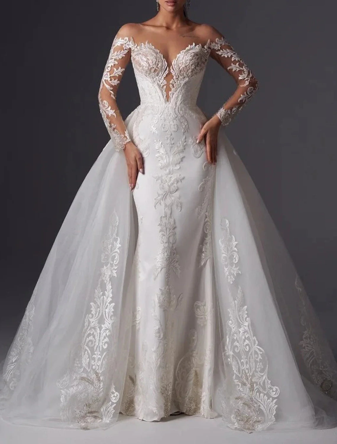 Engagement Formal Wedding Dresses Mermaid / Trumpet Off Shoulder Long Sleeve Court Train Satin Bridal Gowns With Appliques